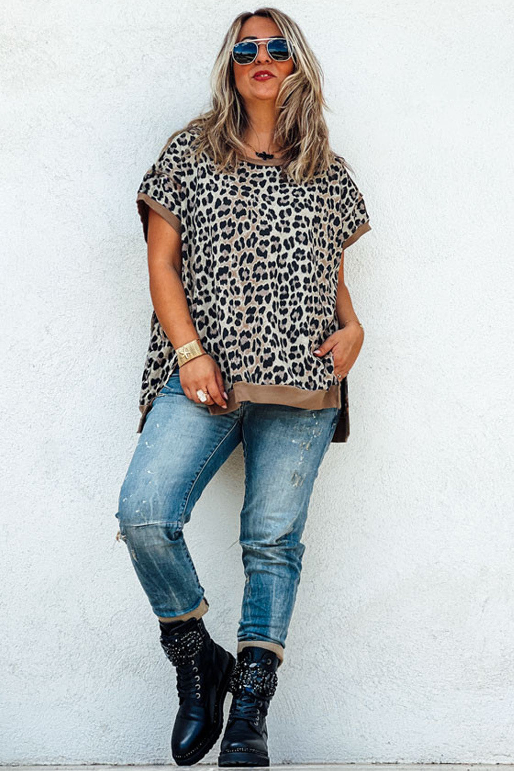 Khaki Leopard Contrast Trim Short Sleeve Loose Plus Size Top - The Fair Lady Shop