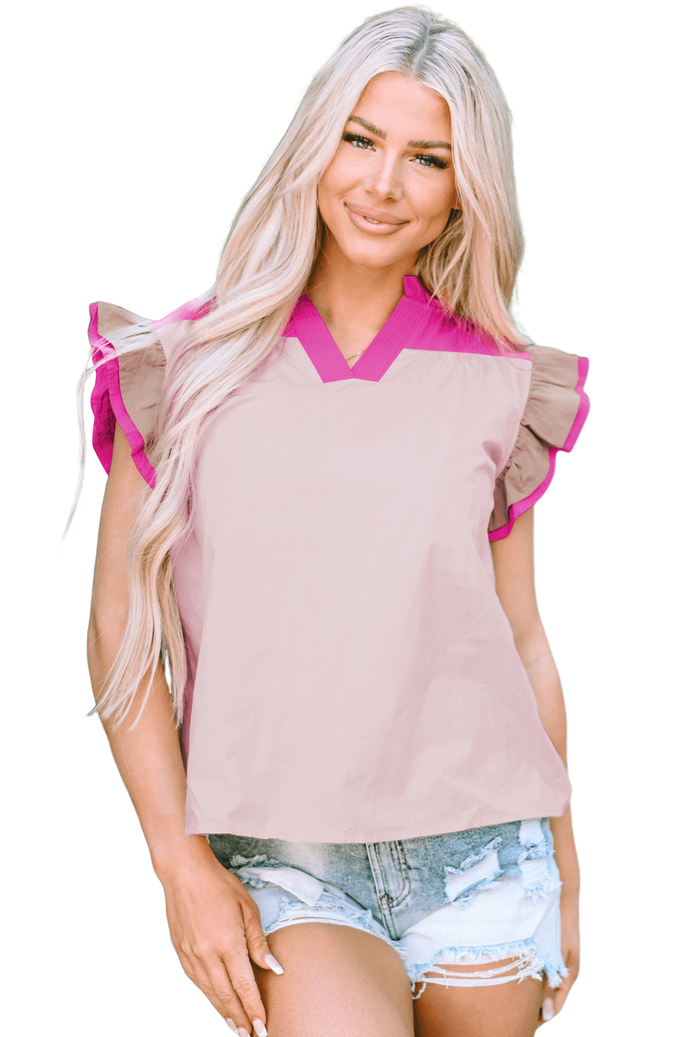 Mist Blue Colorblock Ruffled Sleeve Frill V Neck Blouse - The Fair Lady Shop