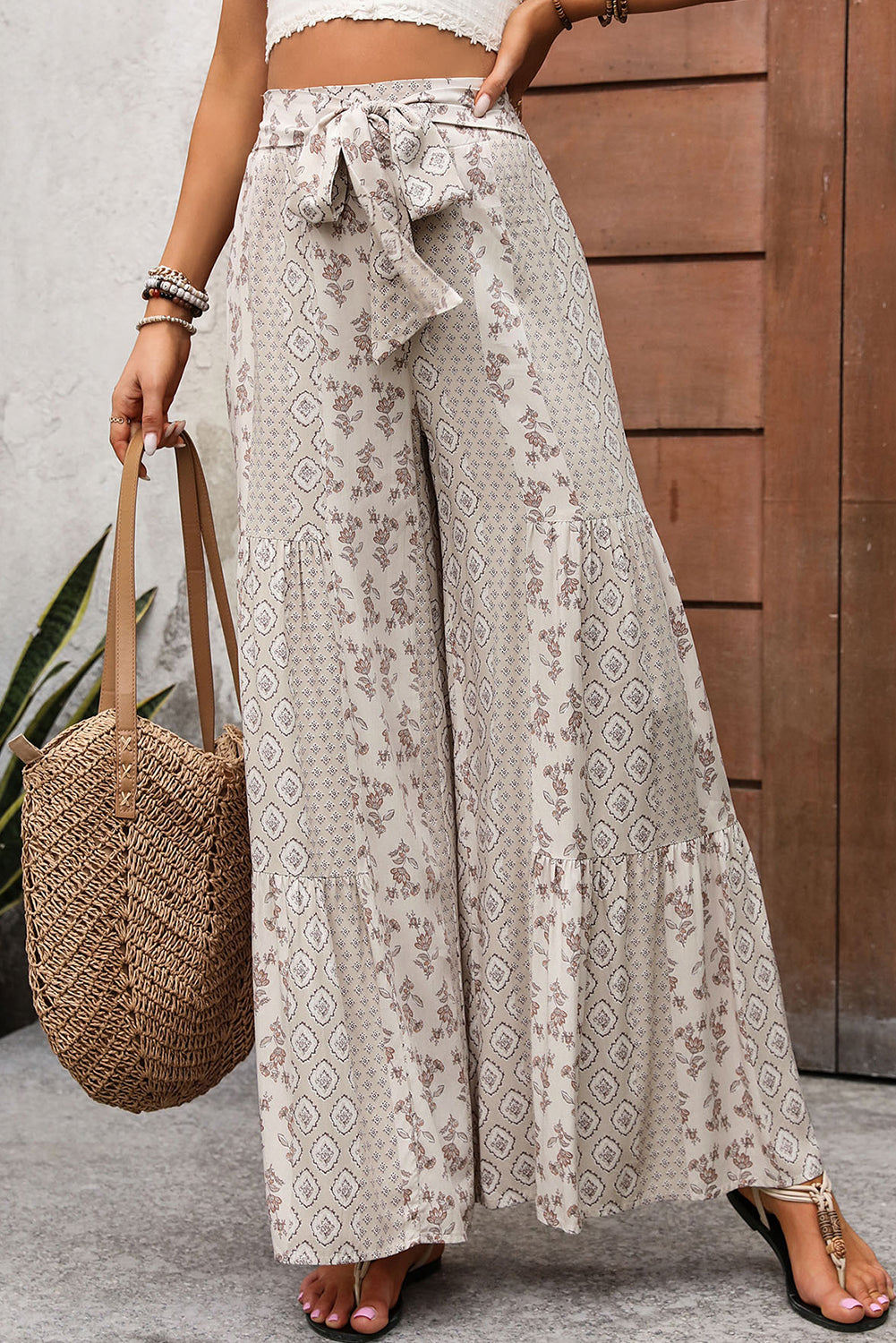 Beige Boho Ethnic Print Knot Waist Wide Leg Pants - The Fair Lady Shop