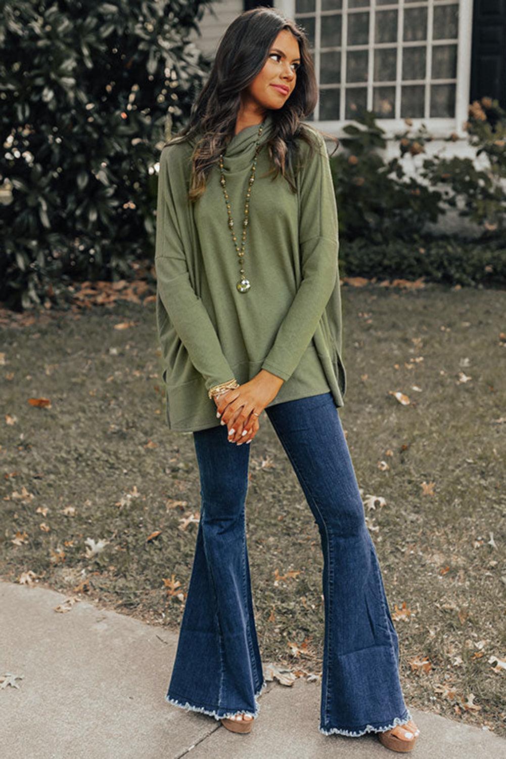 Green Cowl Neck Loose Fit Tunic Top - The Fair Lady Shop