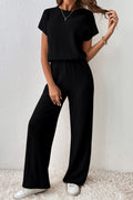 Black Ribbed Keyhole Short Sleeve Wide Leg Jumpsuit