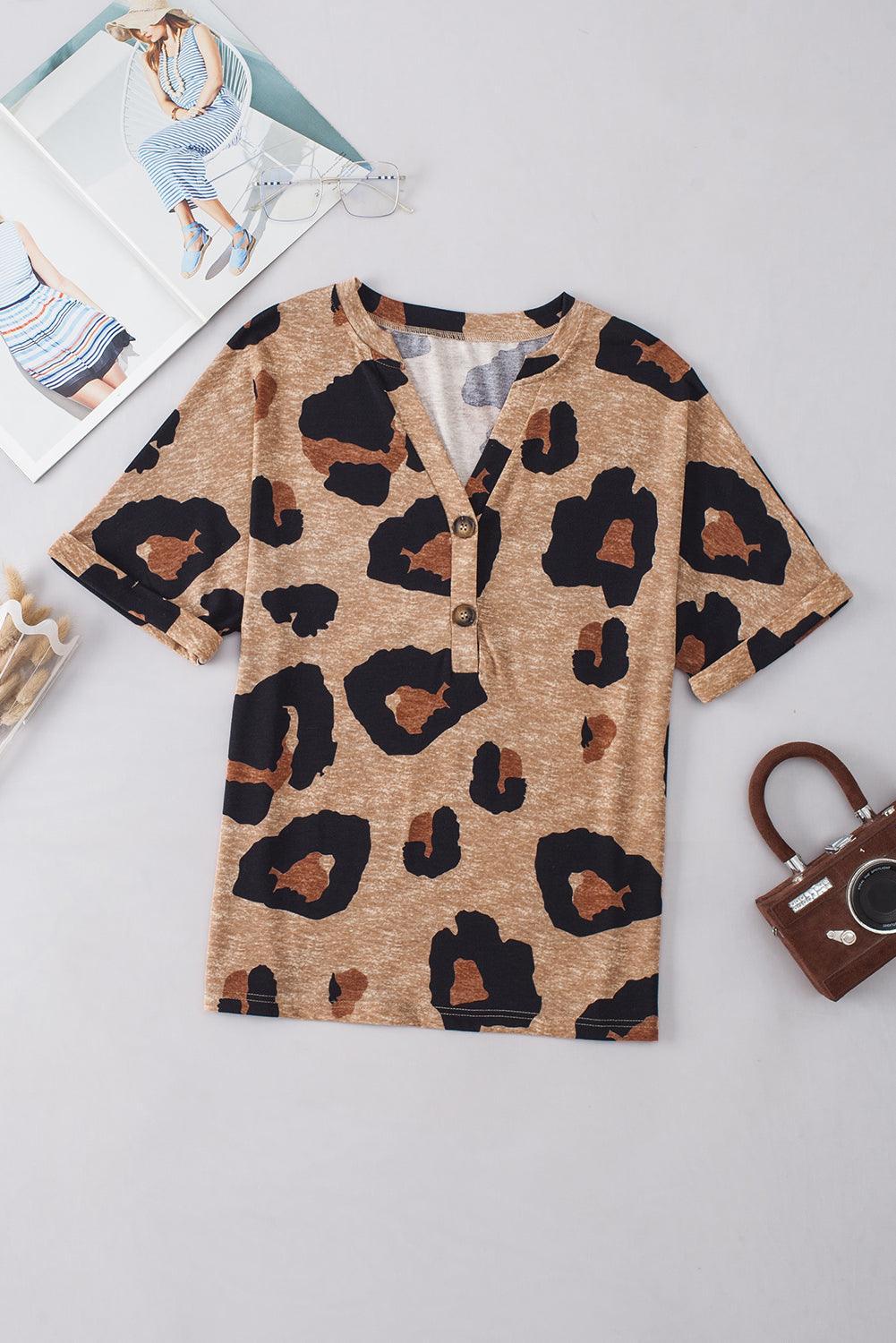 Light Beige Leopard Print Button V Neck T Shirt - The Fair Lady Shop