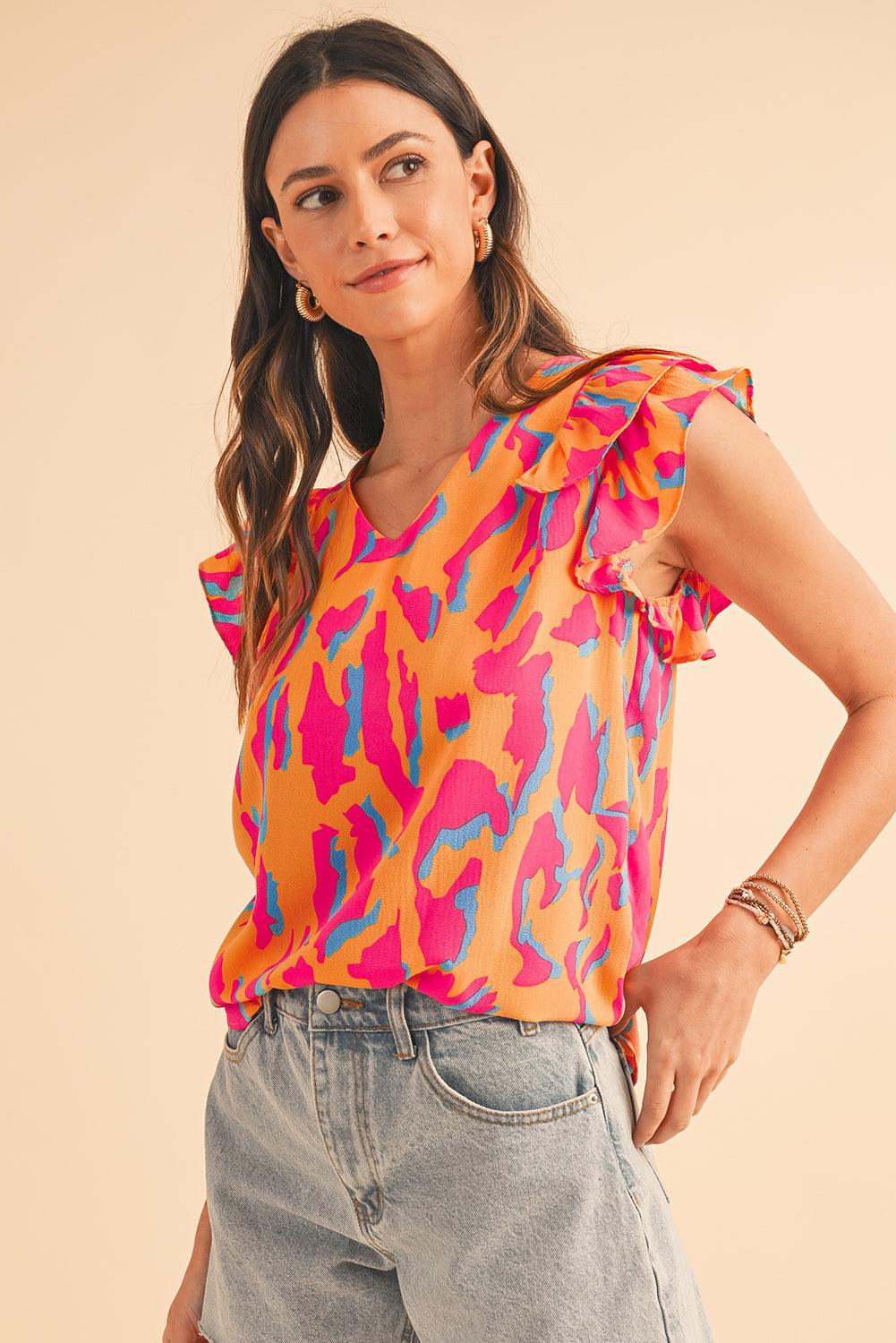 Orange Abstract Print V Neck Ruffled Sleeve Blouse - The Fair Lady Shop