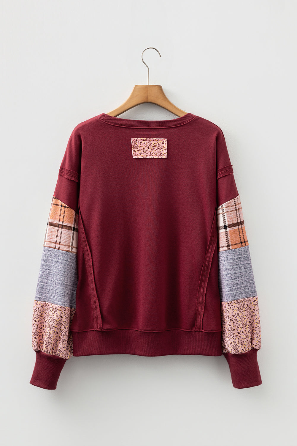 Red Sandalwood Plaid Patchwork Sleeve Raw Seam Sweatshirt