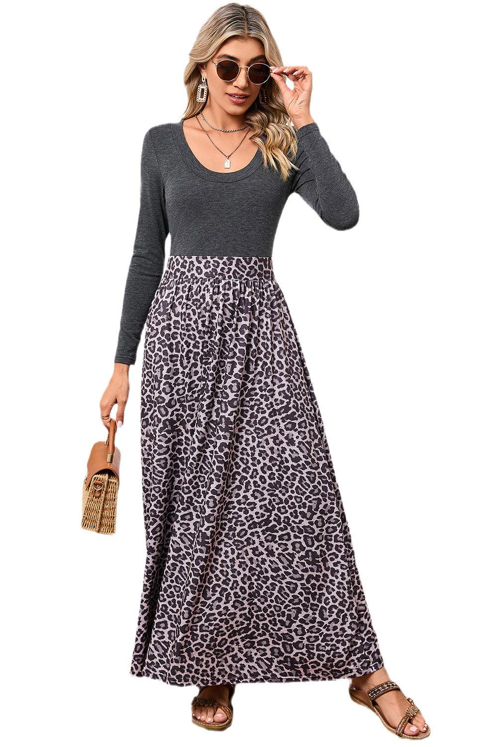 Black and Leopard Print Long Sleeve Boho Maxi Dress - The Fair Lady Shop