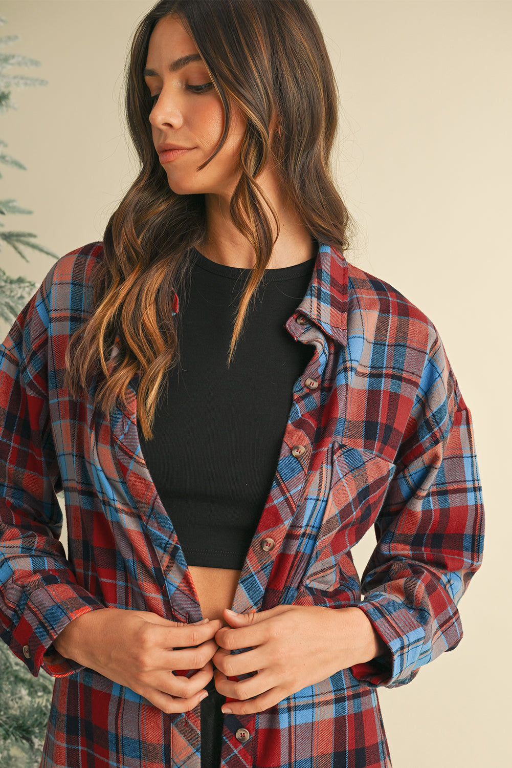 Red Plaid Print Drop Sleeve Loose Shirt - The Fair Lady Shop