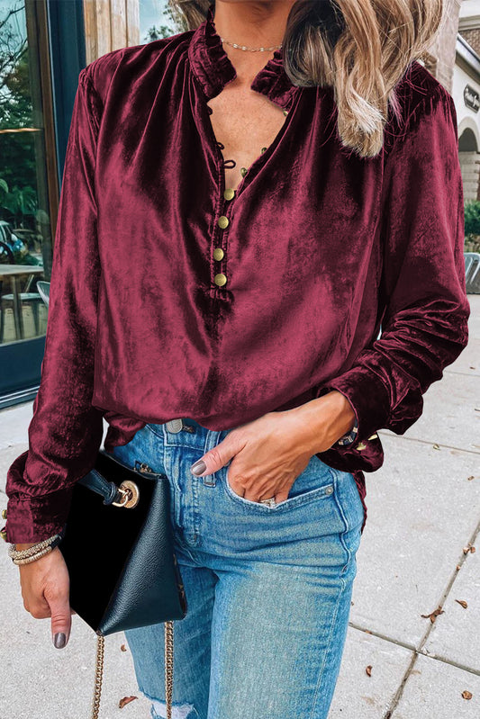Red Frilled Buttoned V Neck Velvet Blouse - The Fair Lady Shop