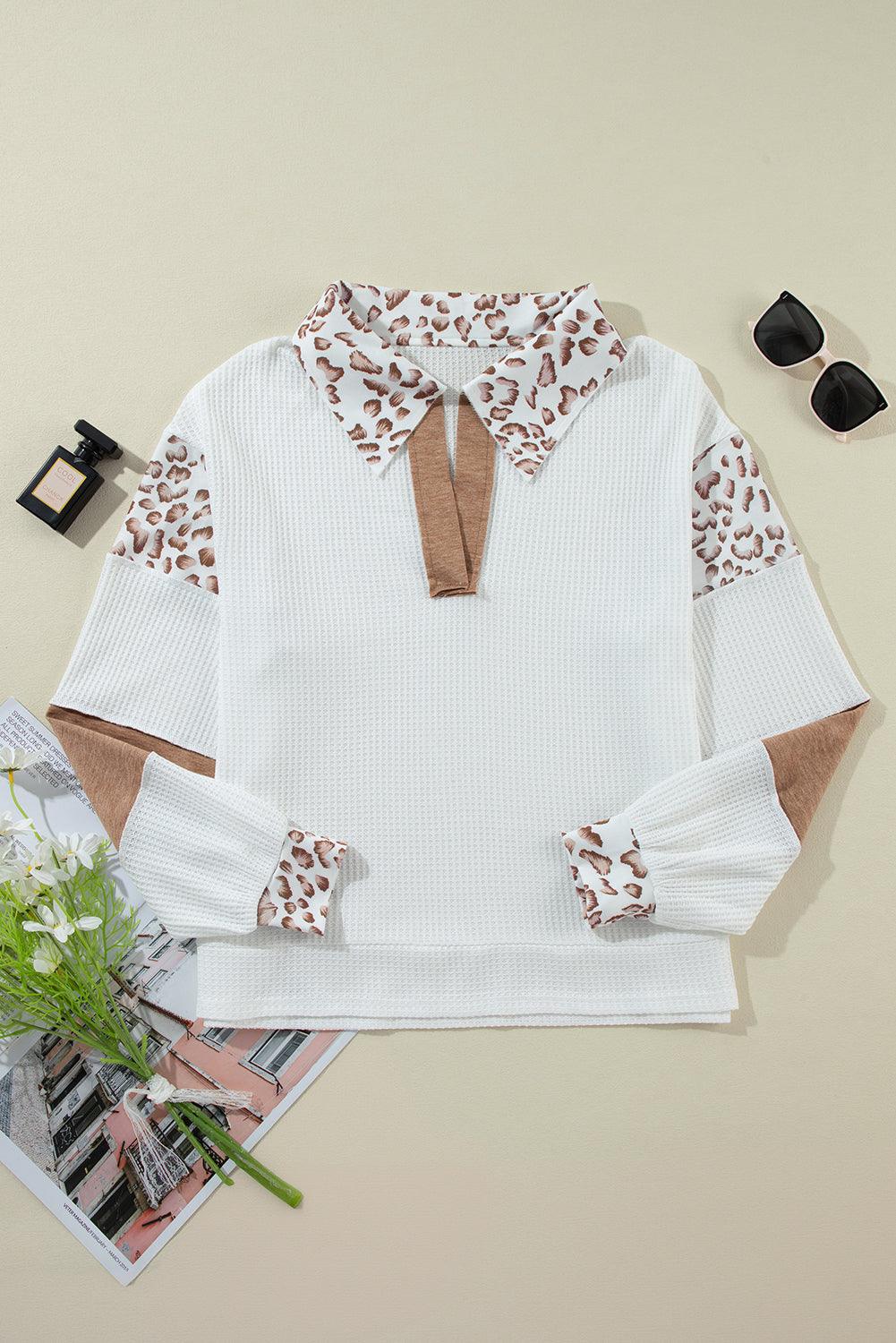 White Leopard Patchwork Turn-down Collar Waffle Top - The Fair Lady Shop