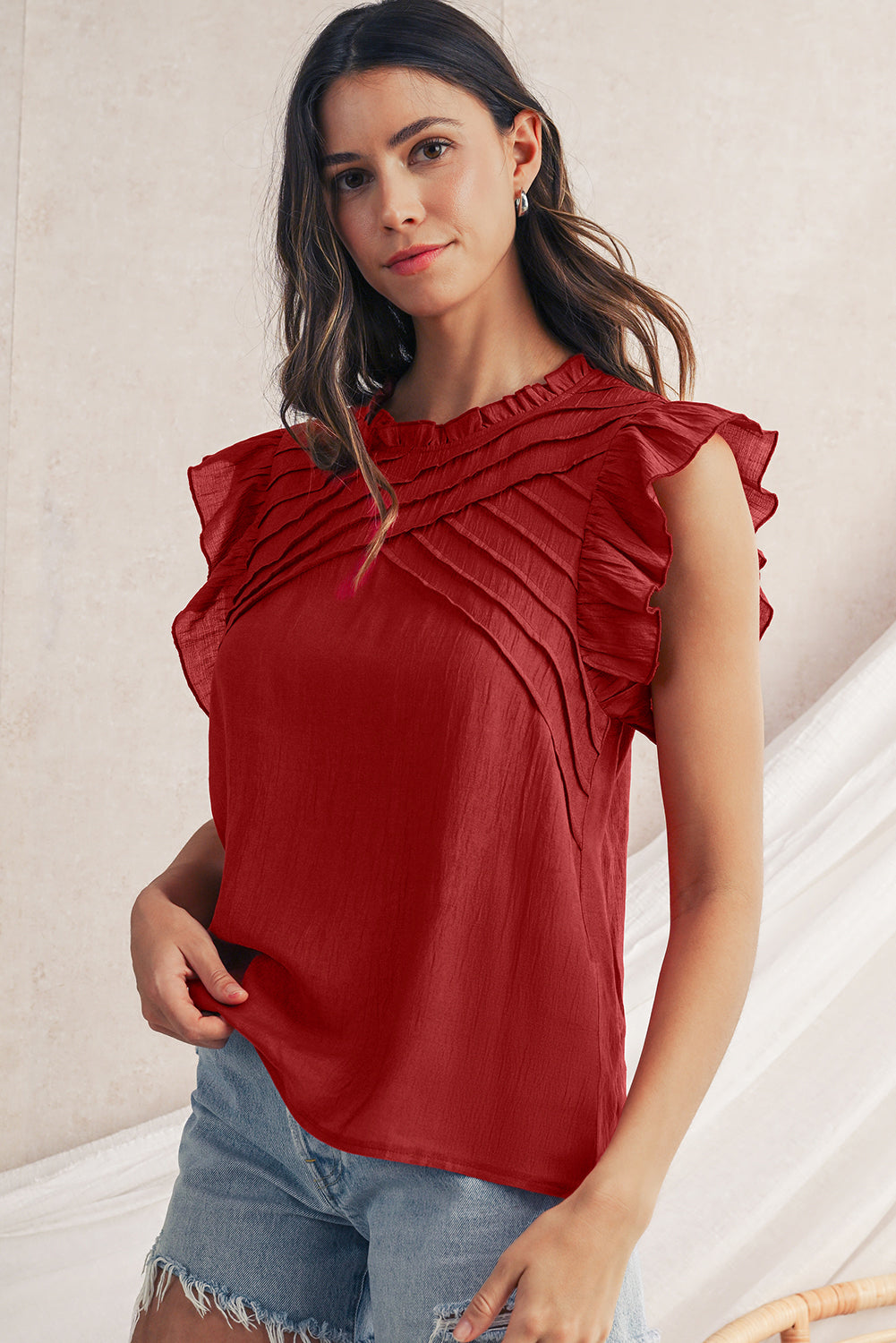 Red Dahlia Frill Neck Solid Color Pleated Blouse - The Fair Lady Shop