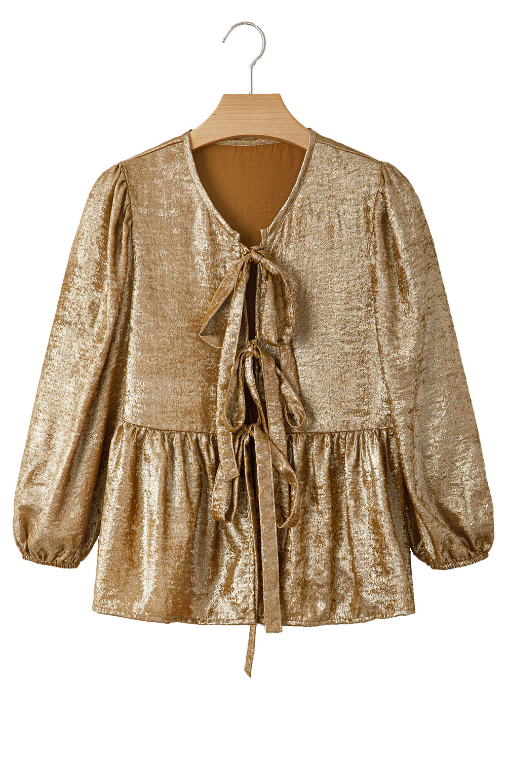 Gold Solid Color Bowknot Front Puff Sleeve Blouse - The Fair Lady Shop