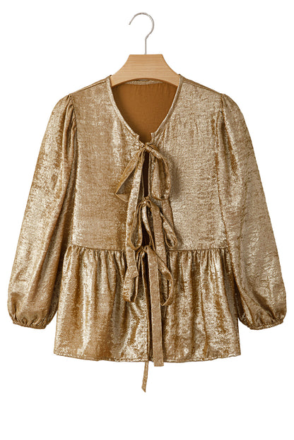 Gold Solid Color Bowknot Front Puff Sleeve Blouse - The Fair Lady Shop