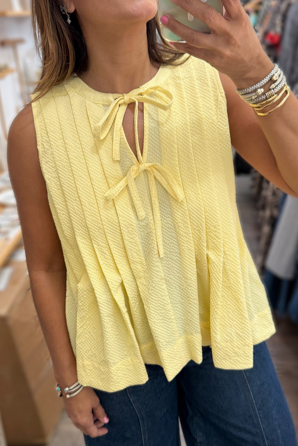 Yellow Cream Bow Tie Notched Neck Pleated Sleeveless Top - The Fair Lady Shop