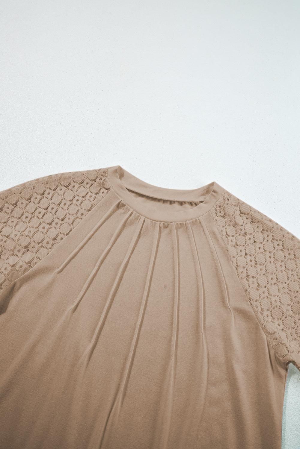 Pale Khaki Seamed Detail Contrast Lace Raglan Sleeve Tee - The Fair Lady Shop