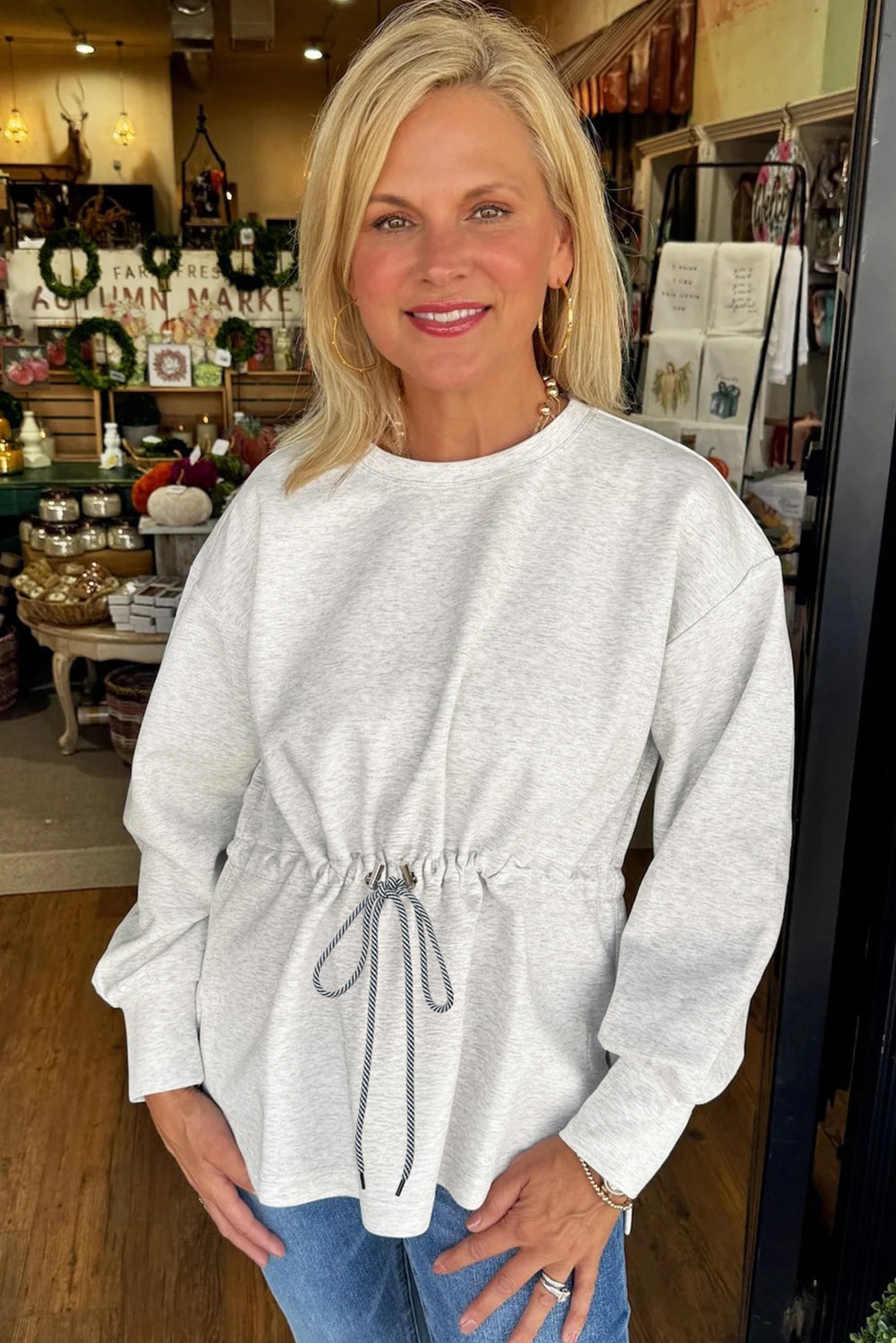 Light Grey Drawstring Waist Plain Pullover Sweatshirt