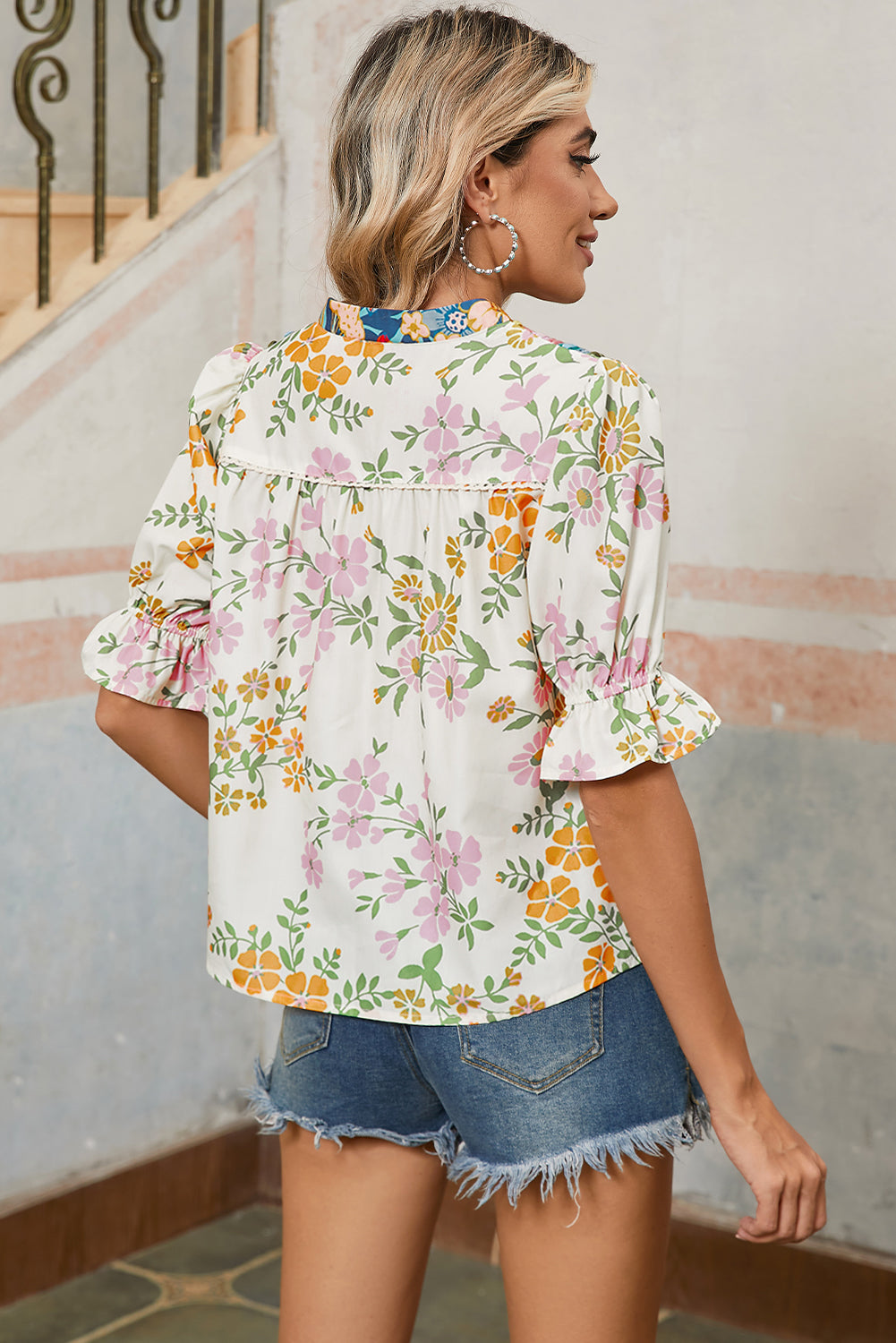 Multicolour Half Sleeve Boho Floral Pop of Color Neckline Blouse - The Fair Lady Shop