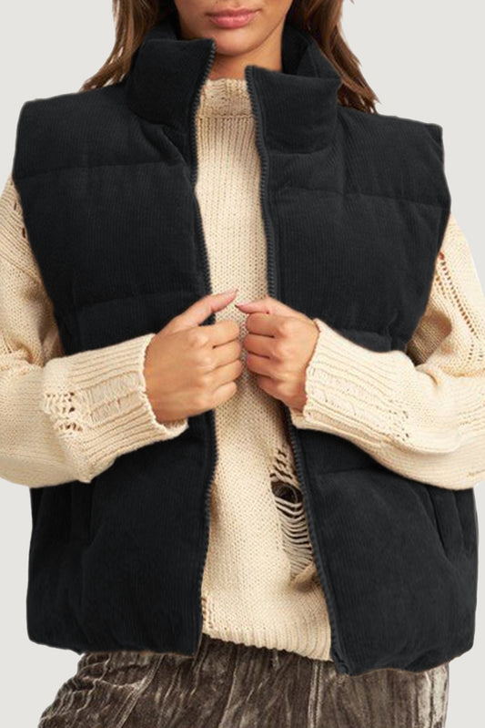 Black Solid Color Corduroy Puffer Vest Coat - The Fair Lady Shop