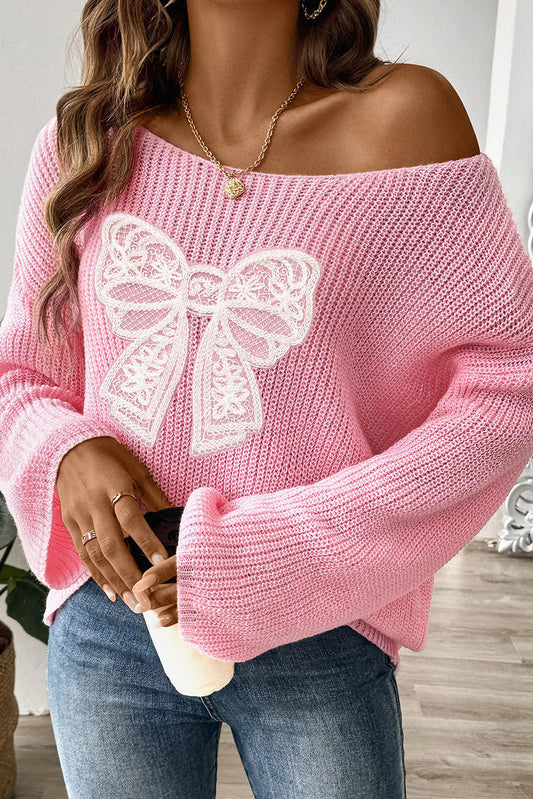 Pink Sweet Lace Bow Round Neck Knit Sweater - The Fair Lady Shop