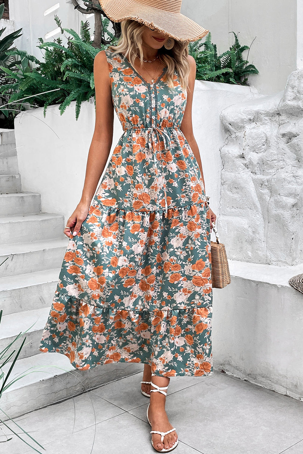 Green Floral Print Trimmed V Neck Sleeveless Vacation Dress - The Fair Lady Shop