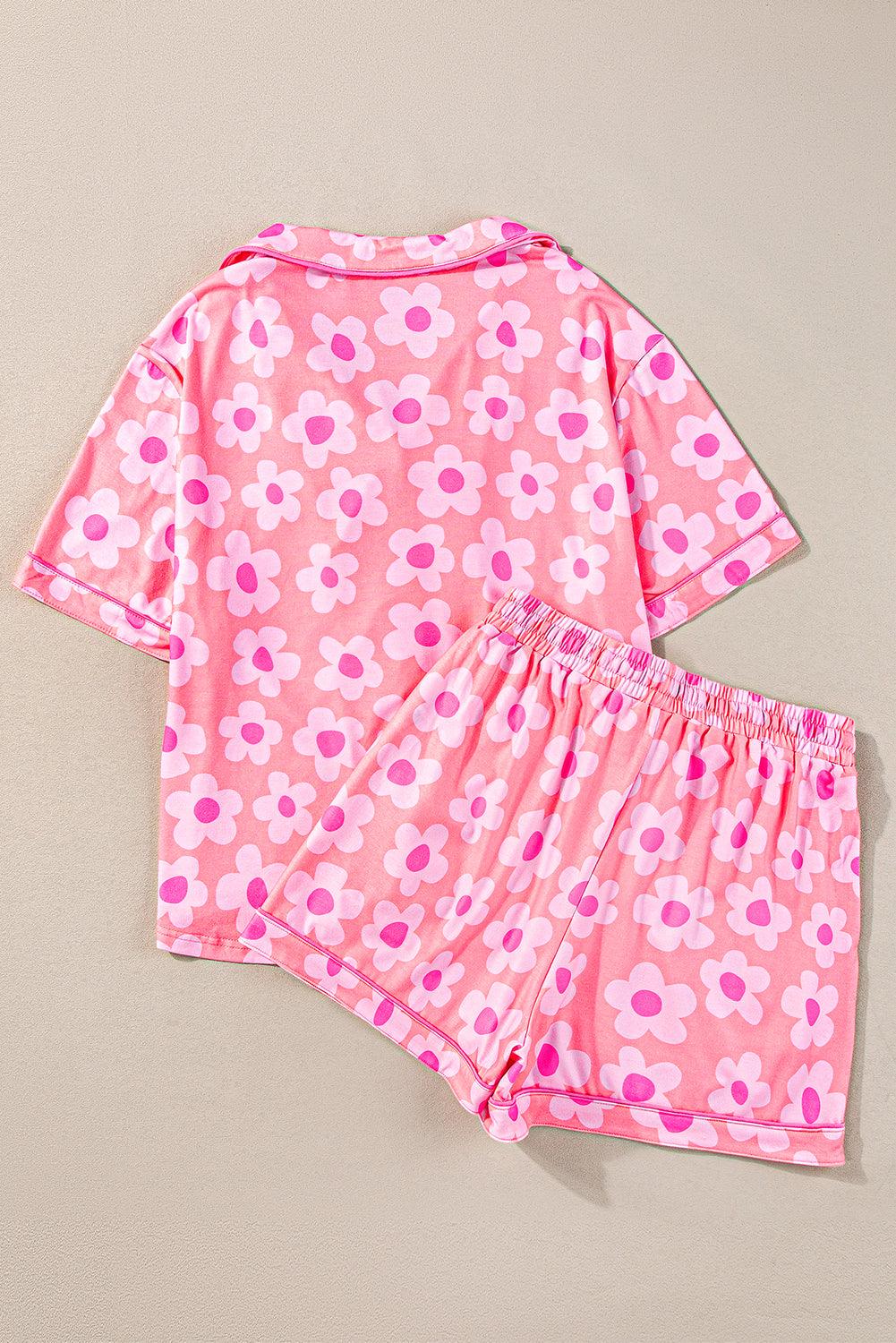Green Flower Print Buttoned Shirt and Drawstring Waist Pajama Set - The Fair Lady Shop