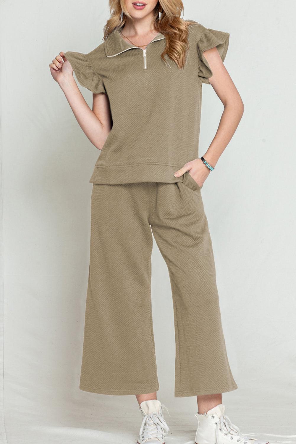 Black Textured Ruffle Cap Sleeve Top and Wide Leg Pants Set - The Fair Lady Shop