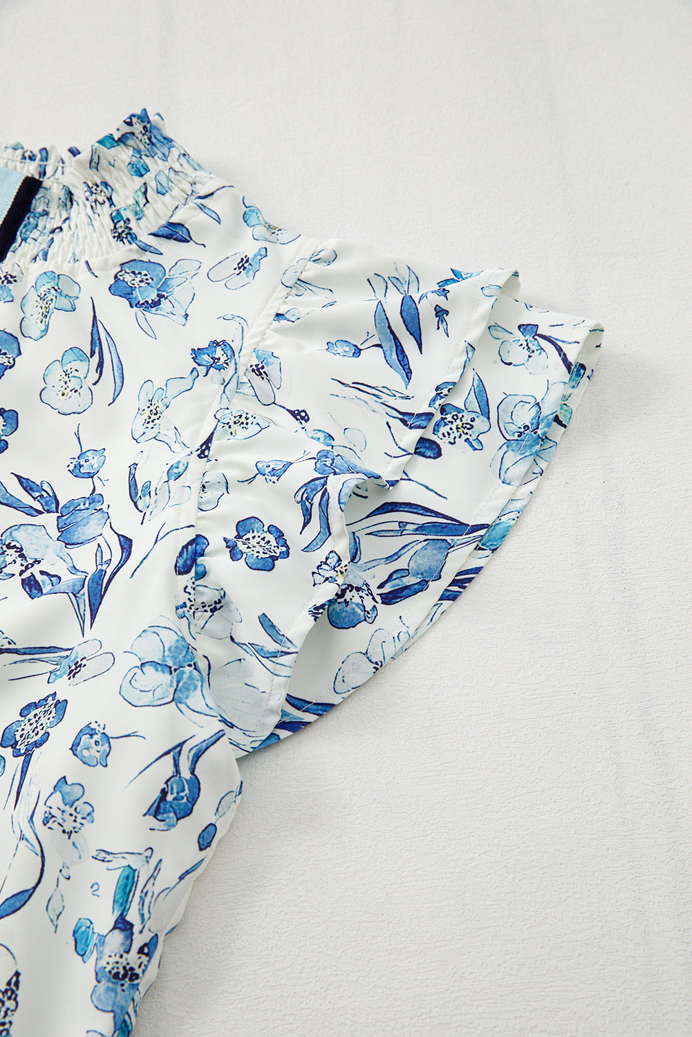 Sky Blue Ruffle Short Sleeve Floral Print Pop of Color Neckline Blouse - The Fair Lady Shop