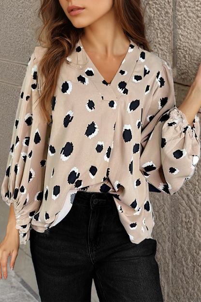 Khaki Leopard V Neck Bracelet Sleeve Blouse - The Fair Lady Shop