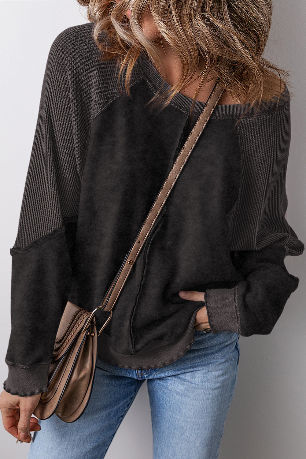 Black Solid Waffle Knit Patchwork Raglan Sleeve Sweatshirt - The Fair Lady Shop