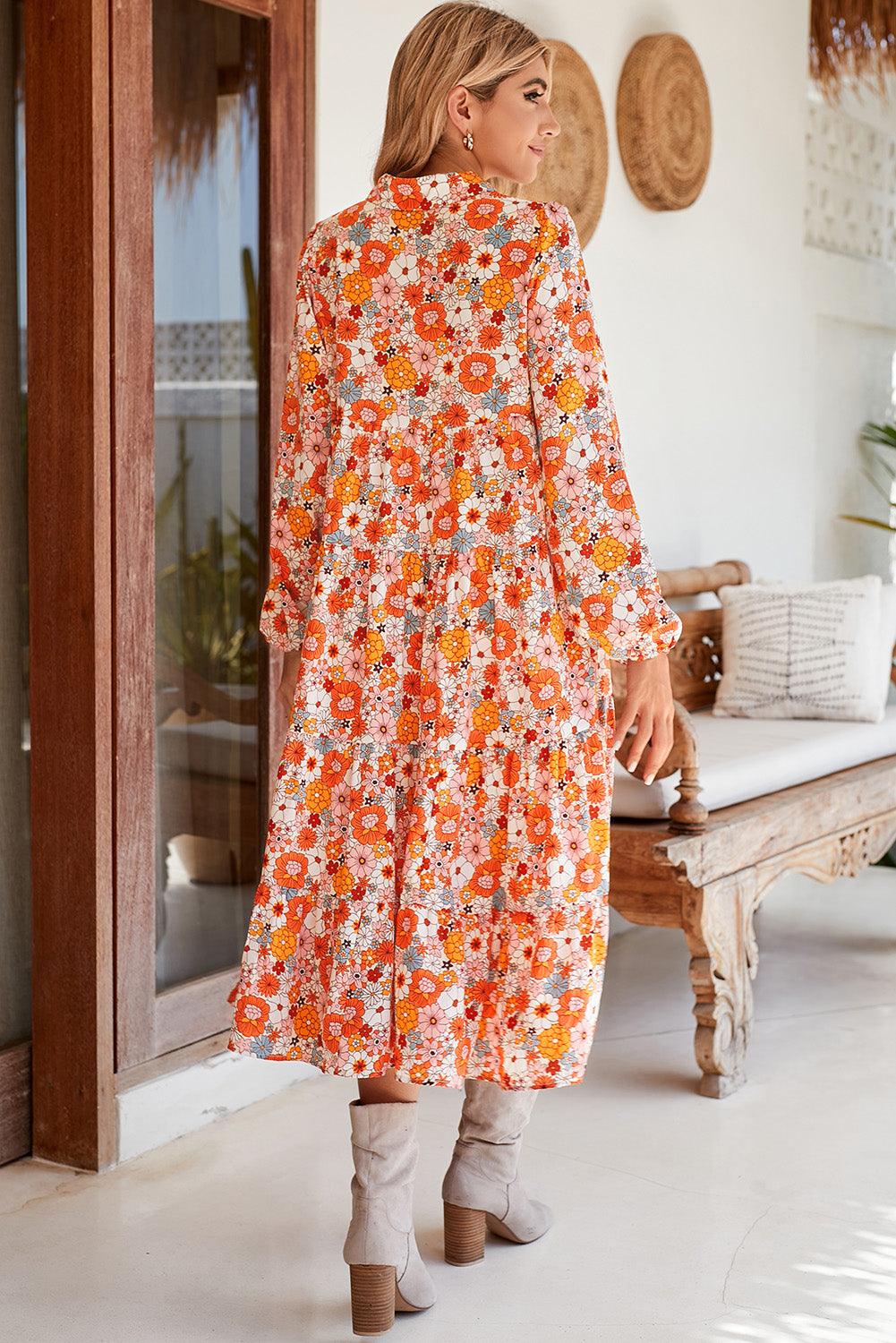 Multicolor Boho Floral Collared Long Sleeve Dress - The Fair Lady Shop