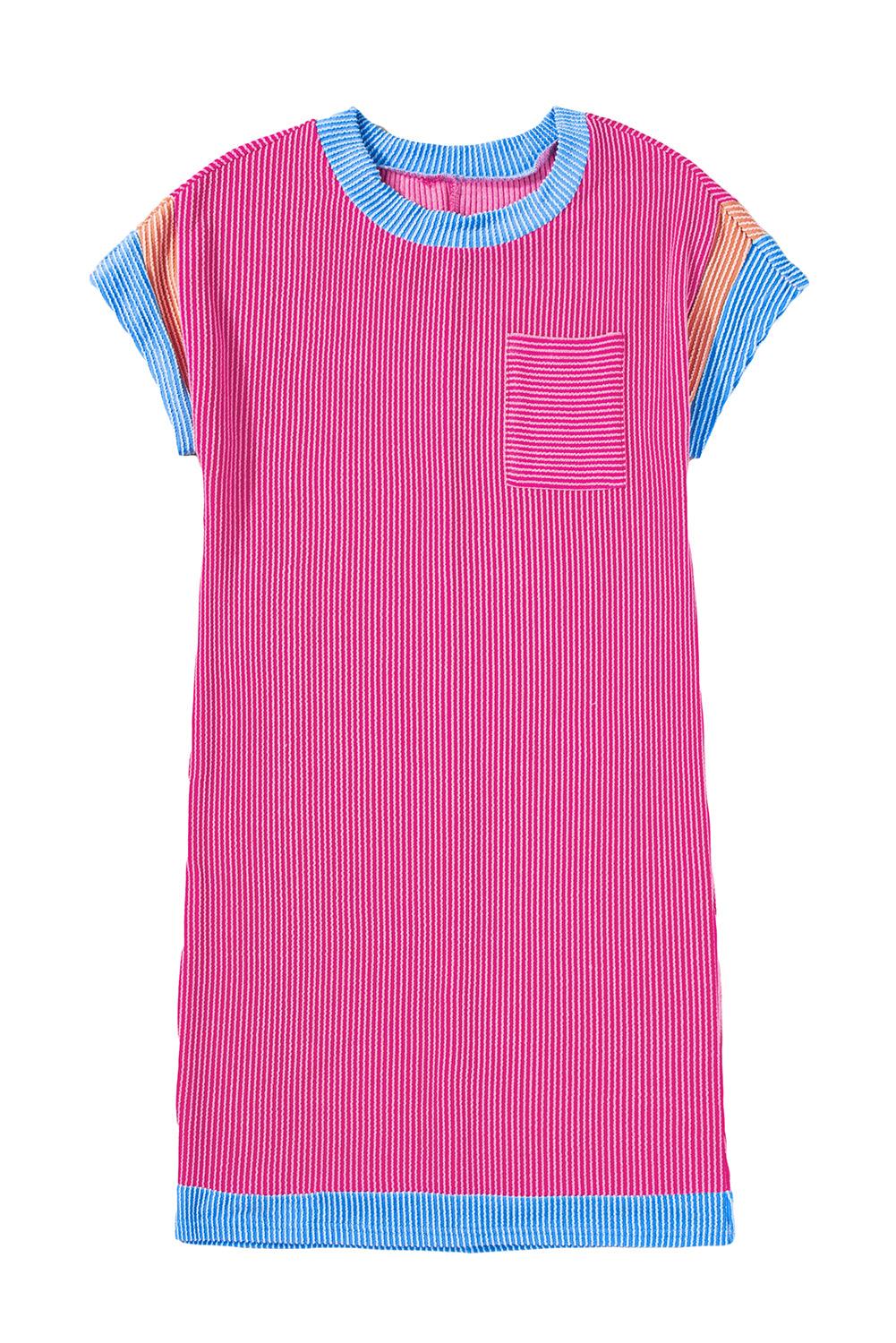Light French Beige Rib Textured Colorblock Pocket T Shirt Dress - The Fair Lady Shop
