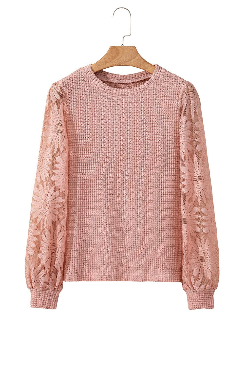 Peach Blossom Sunflower Lace Long Sleeve Waffle Knit Top - The Fair Lady Shop