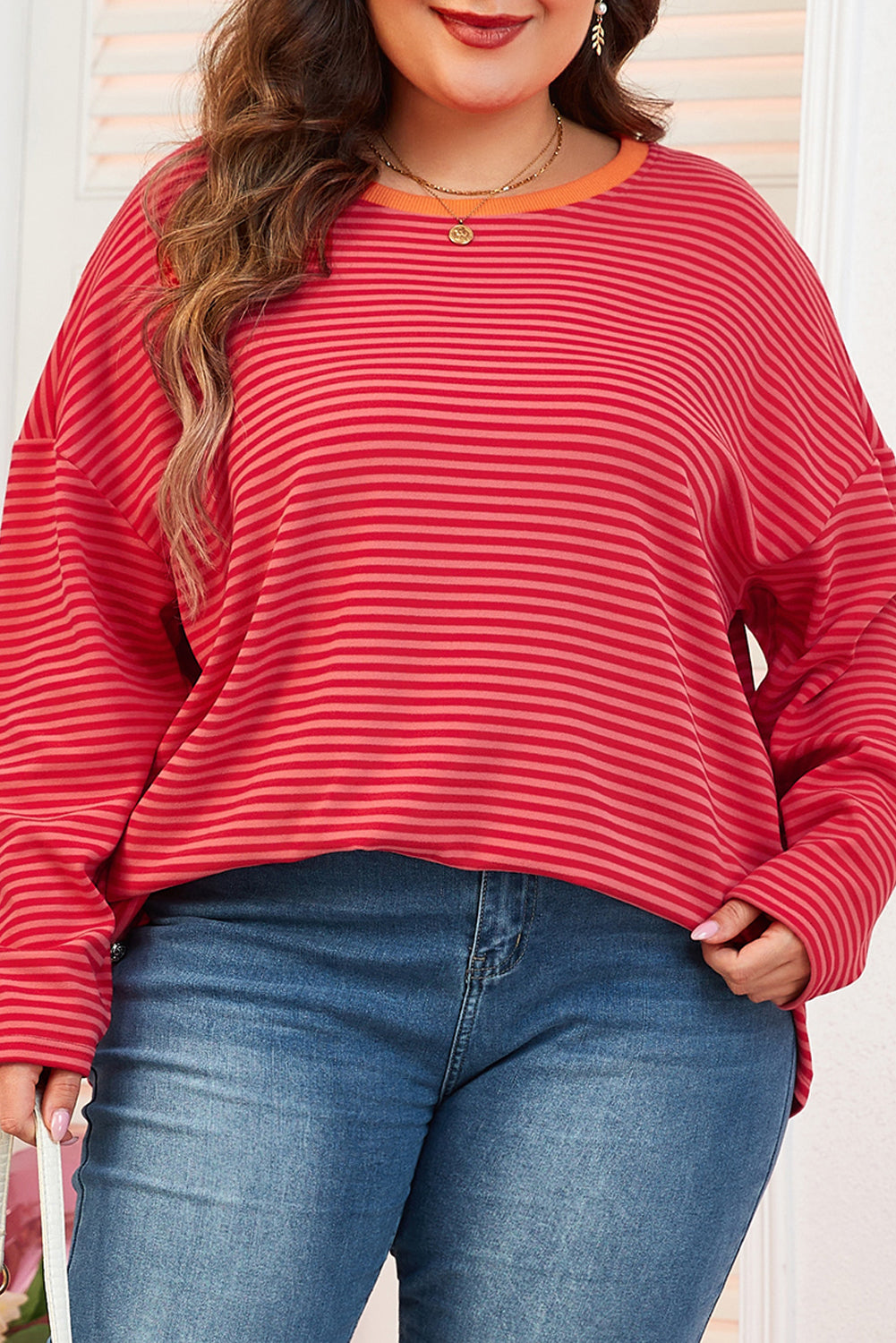 Orange Stripe Plus Size Drop Shoulder Long Sleeve Top - The Fair Lady Shop