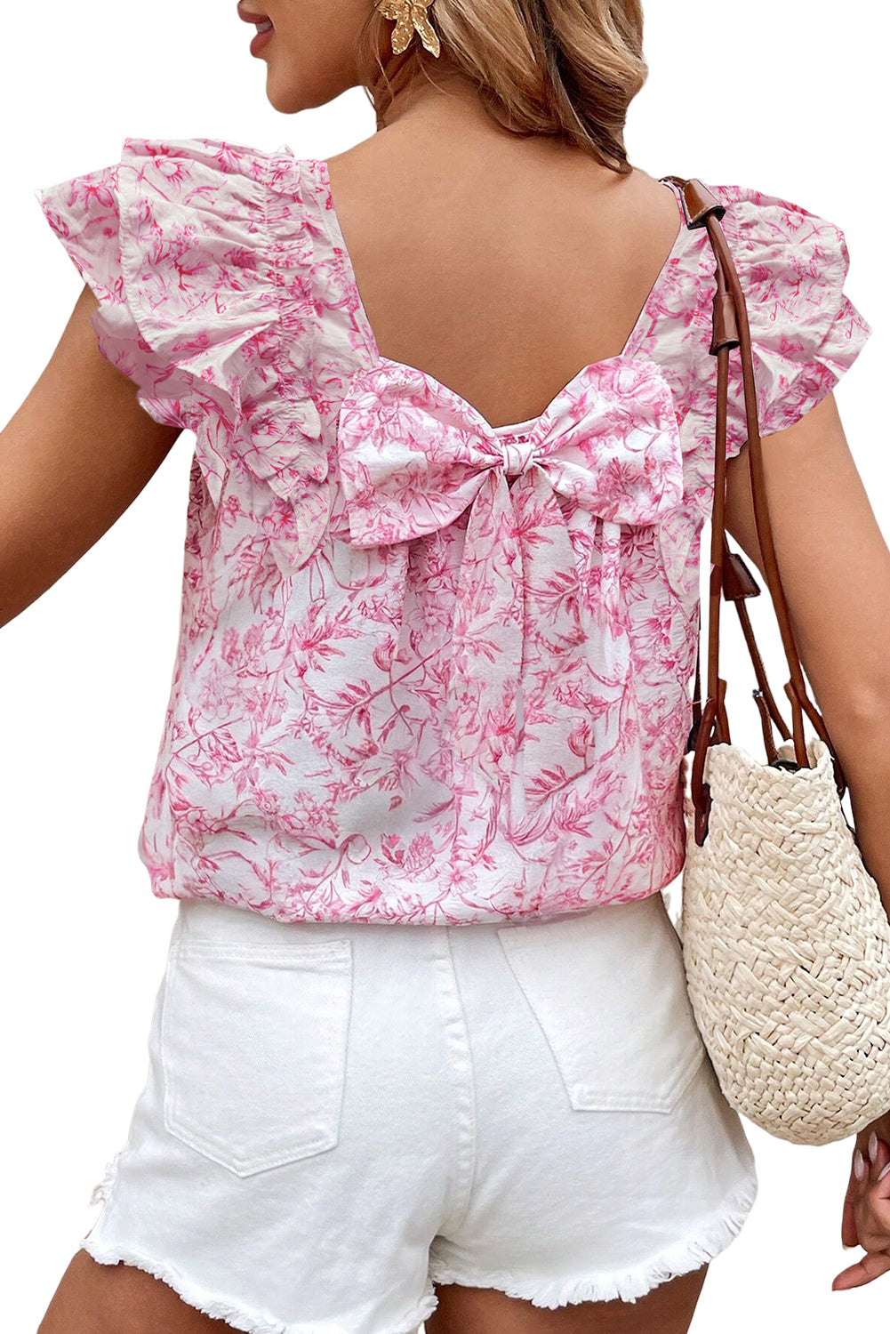 Pink Floral Ruffle Short Sleeve Bow Back Blouse - The Fair Lady Shop