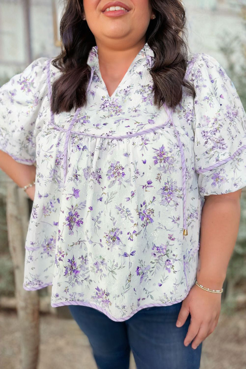 Purple Floral Print Split Neck Plus Size Top - The Fair Lady Shop