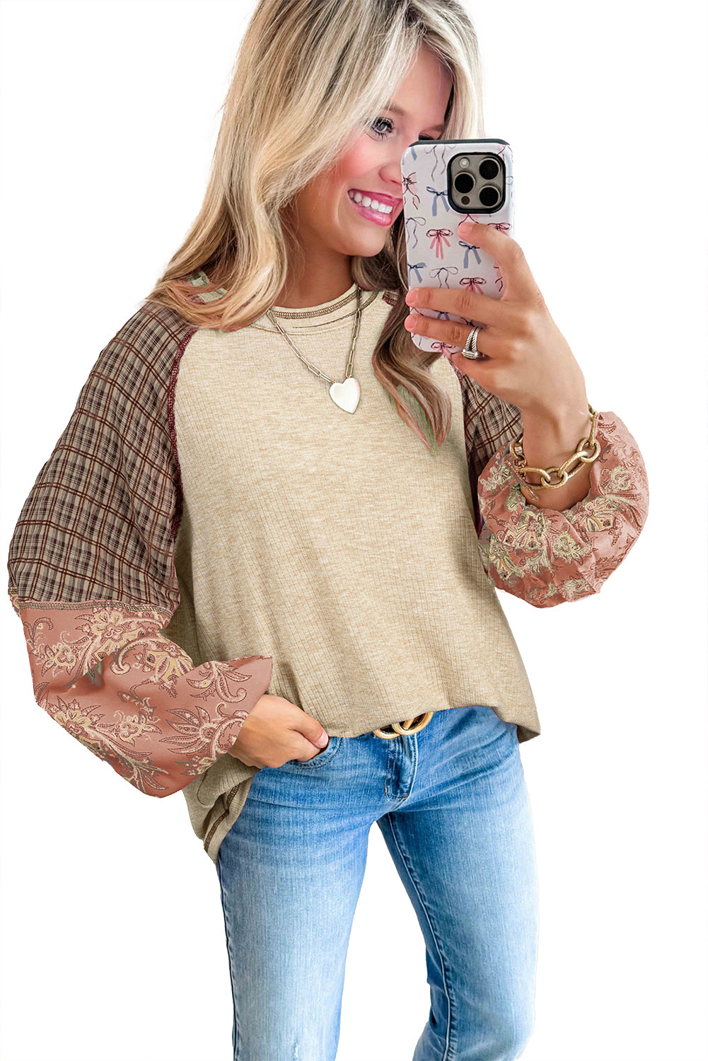 Jet Stream Floral Plaid Mixed Print Patchwork Raglan Ribbed Top - The Fair Lady Shop