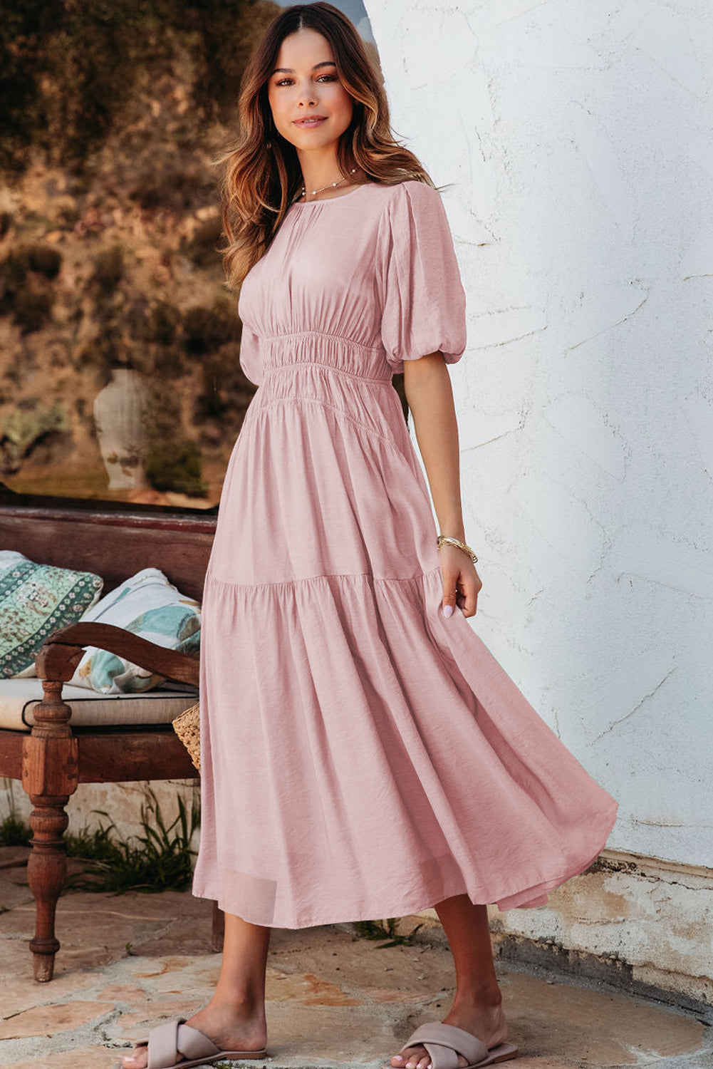 Pink Puff Sleeve High Waist Flowy Midi Dress - The Fair Lady Shop