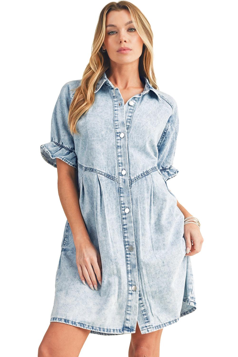 Blue Mineral Washed Ruffled Short Sleeve Pocketed Denim Dress - The Fair Lady Shop