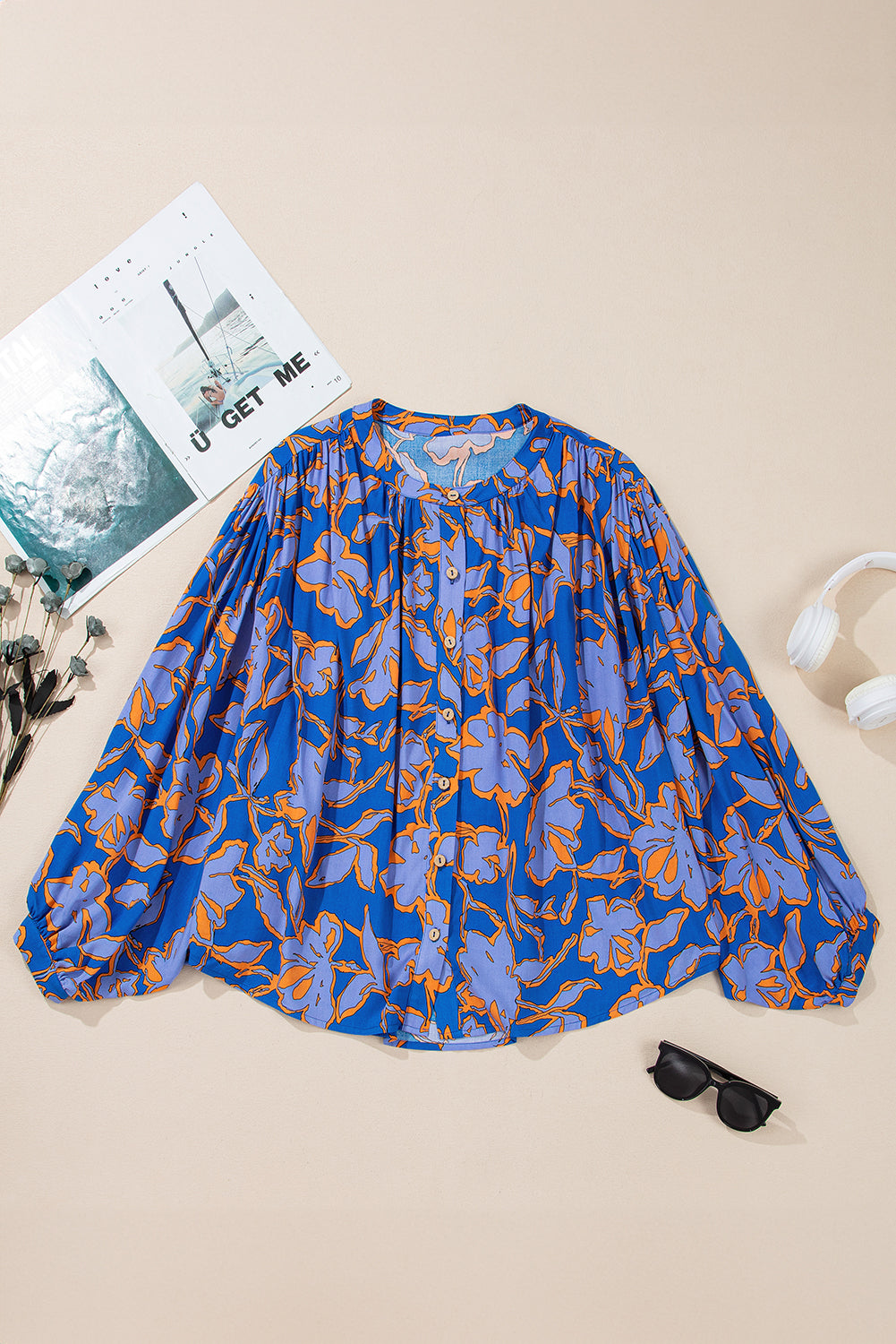 Blue Floral Print Batwing Sleeve Button Loose Fit Blouse - The Fair Lady Shop