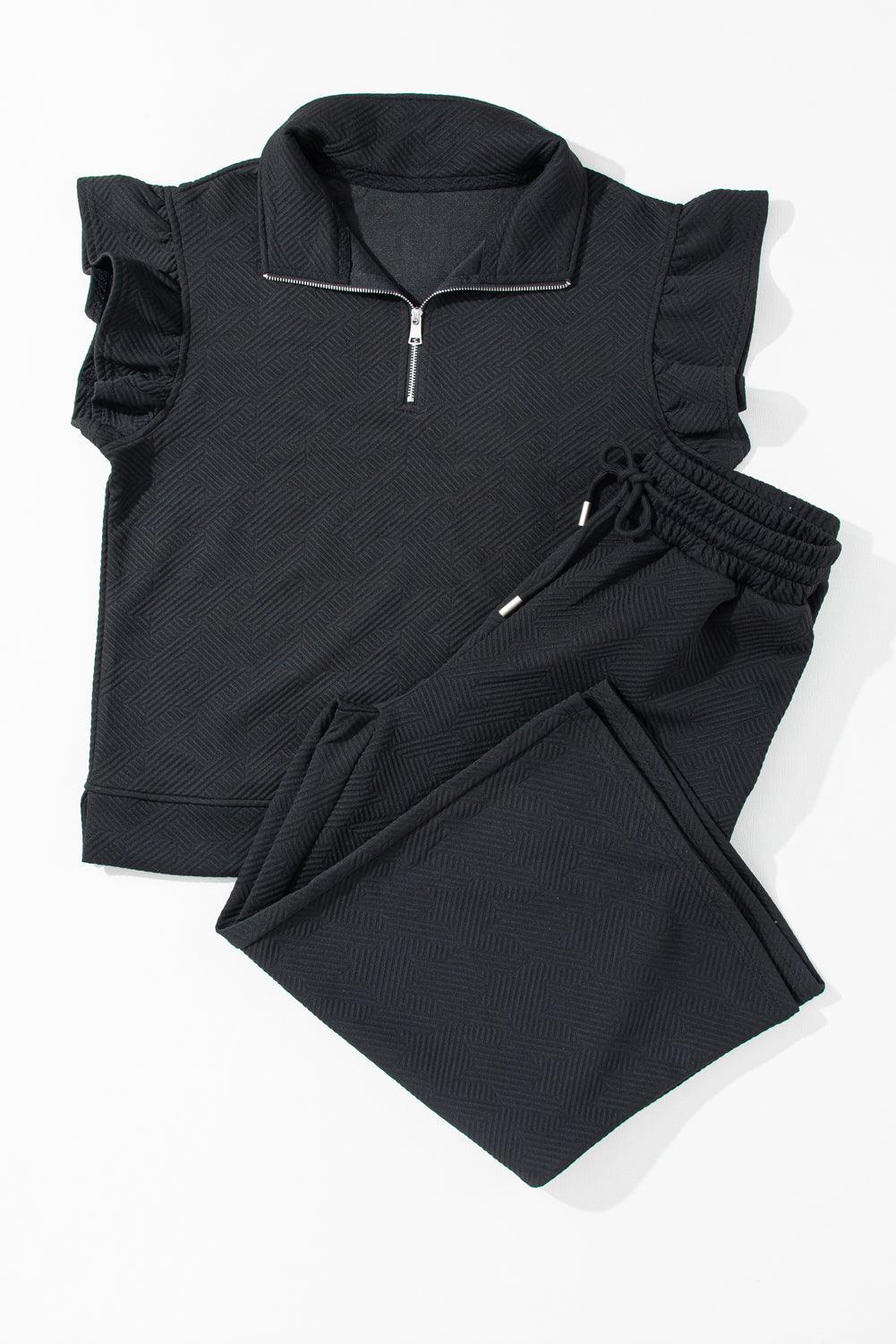 Black Textured Ruffle Cap Sleeve Top and Wide Leg Pants Set - The Fair Lady Shop