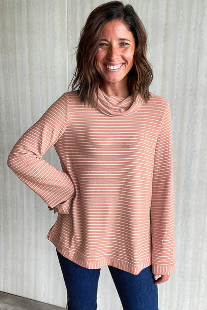 Pink Stripe Cowl Neck Side Slits Loose Fit Long Sleeve Top - The Fair Lady Shop