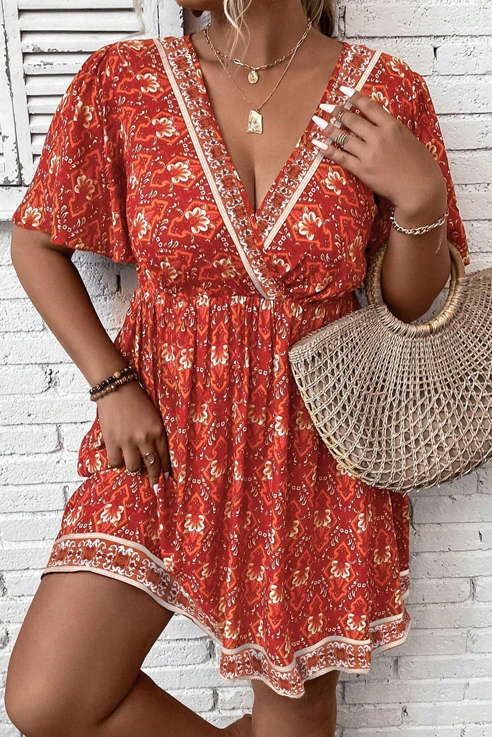 Orange Plus Size Boho Print Surplice Neck Empire Waist Flowy Mini Dress - The Fair Lady Shop