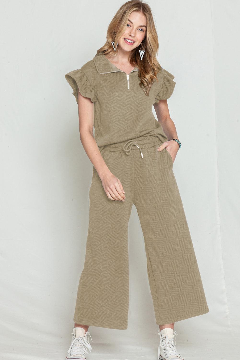 Black Textured Ruffle Cap Sleeve Top and Wide Leg Pants Set - The Fair Lady Shop