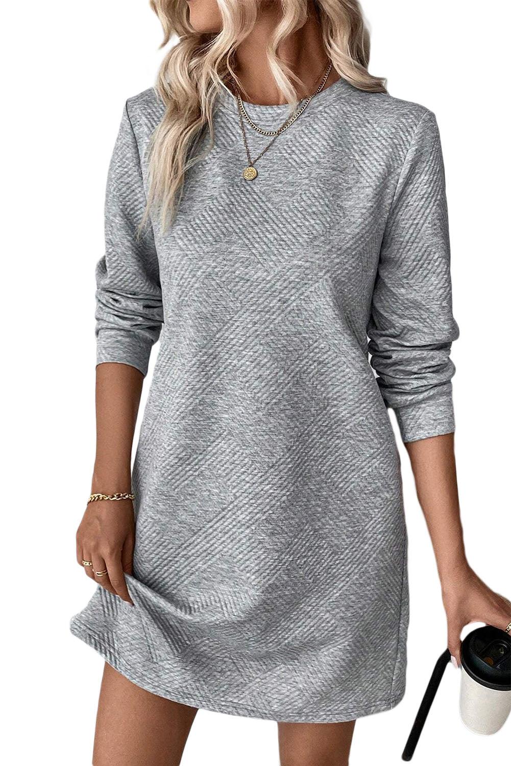 Gray Solid Color Textured Long Sleeve Shift Short Dress - The Fair Lady Shop