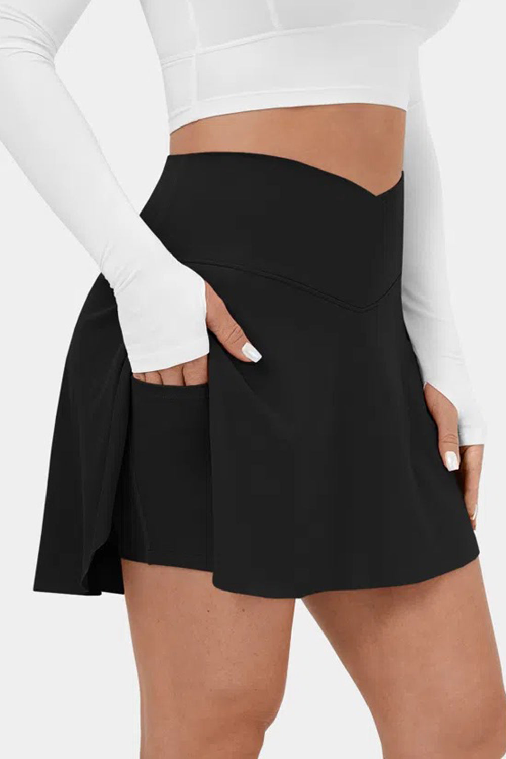 Black Solid Pocketed Cross Criss High Waist Swim Skort - The Fair Lady Shop