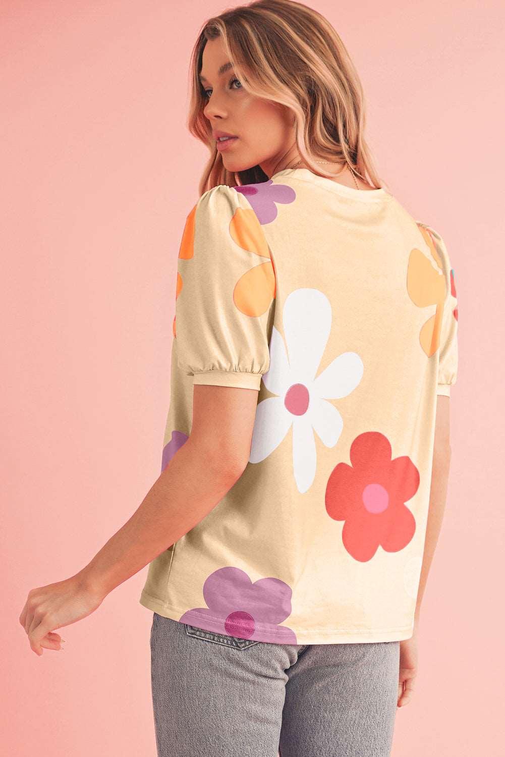 Apricot Colorful Flower Print Bubble Sleeve Tee - The Fair Lady Shop