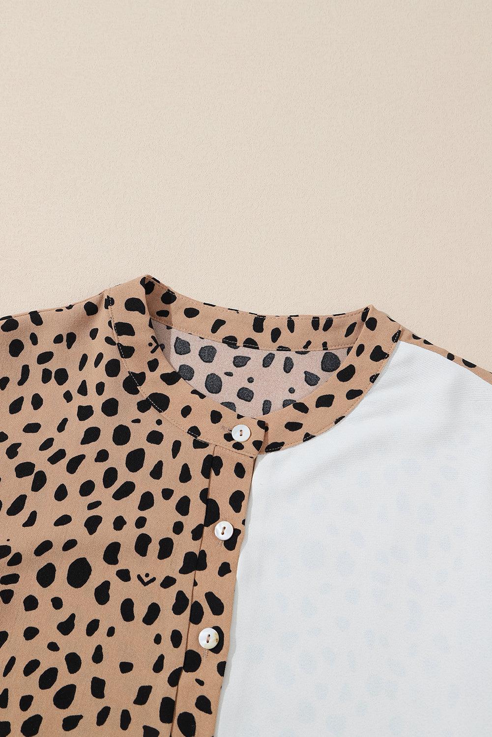 Khaki Leopard and White Patchwork Henley Blouse - The Fair Lady Shop