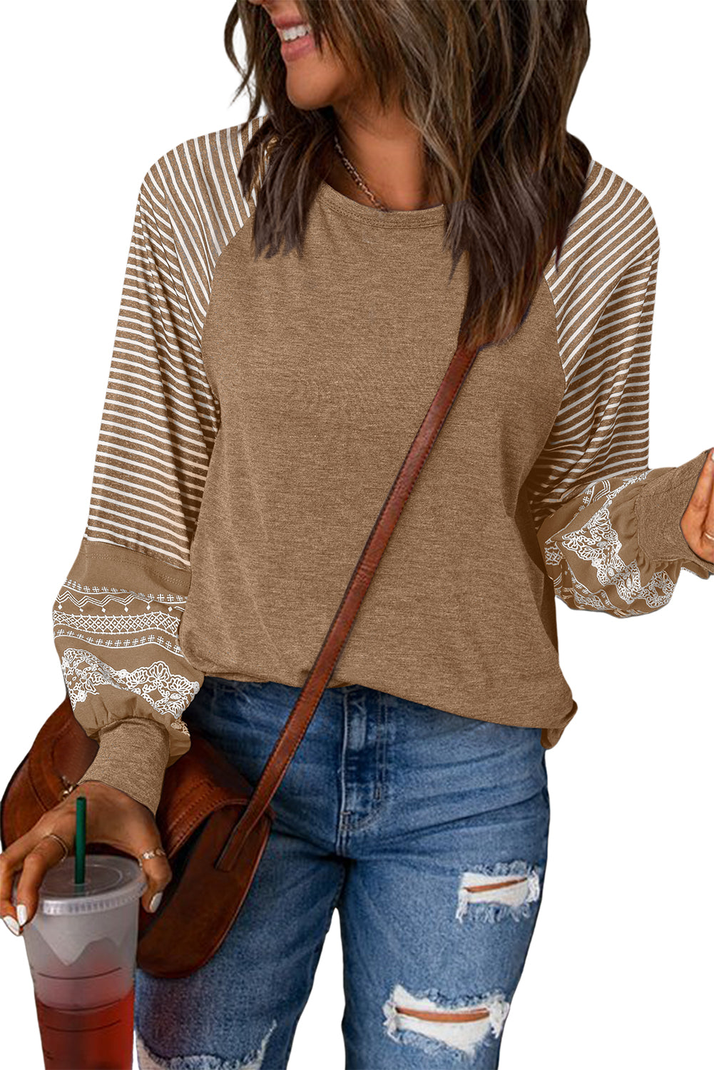 Brown Contrast Print Striped Raglan Long Sleeve Loose Top
