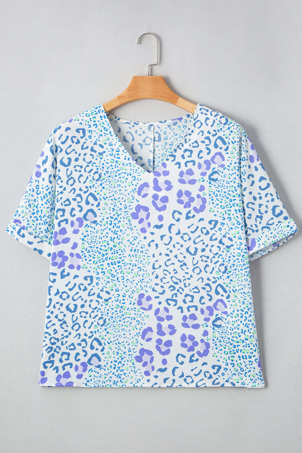 Sky Blue Leopard Print V Neck Short Sleeve Plus Size Top - The Fair Lady Shop