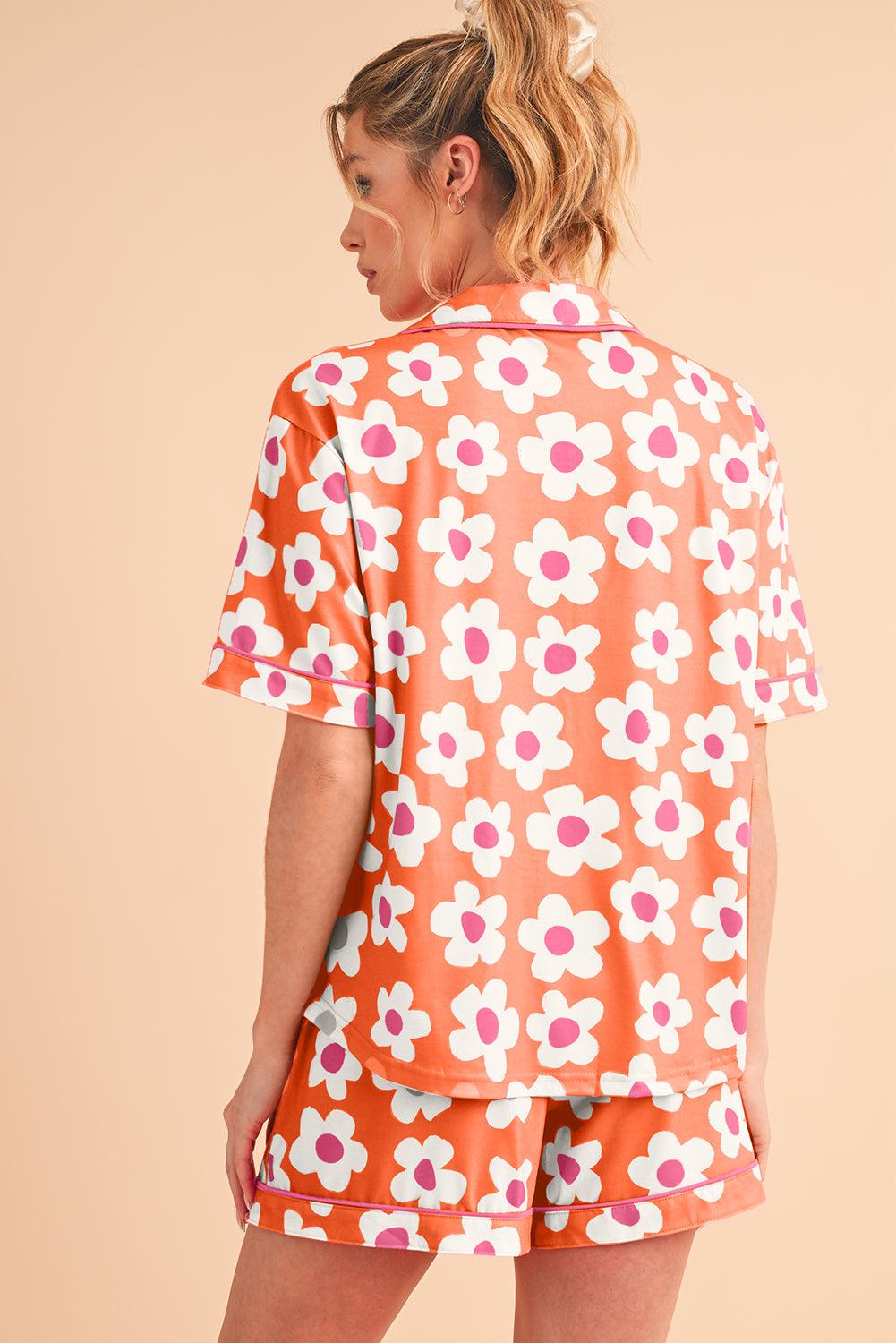 Green Flower Print Buttoned Shirt and Drawstring Waist Pajama Set - The Fair Lady Shop