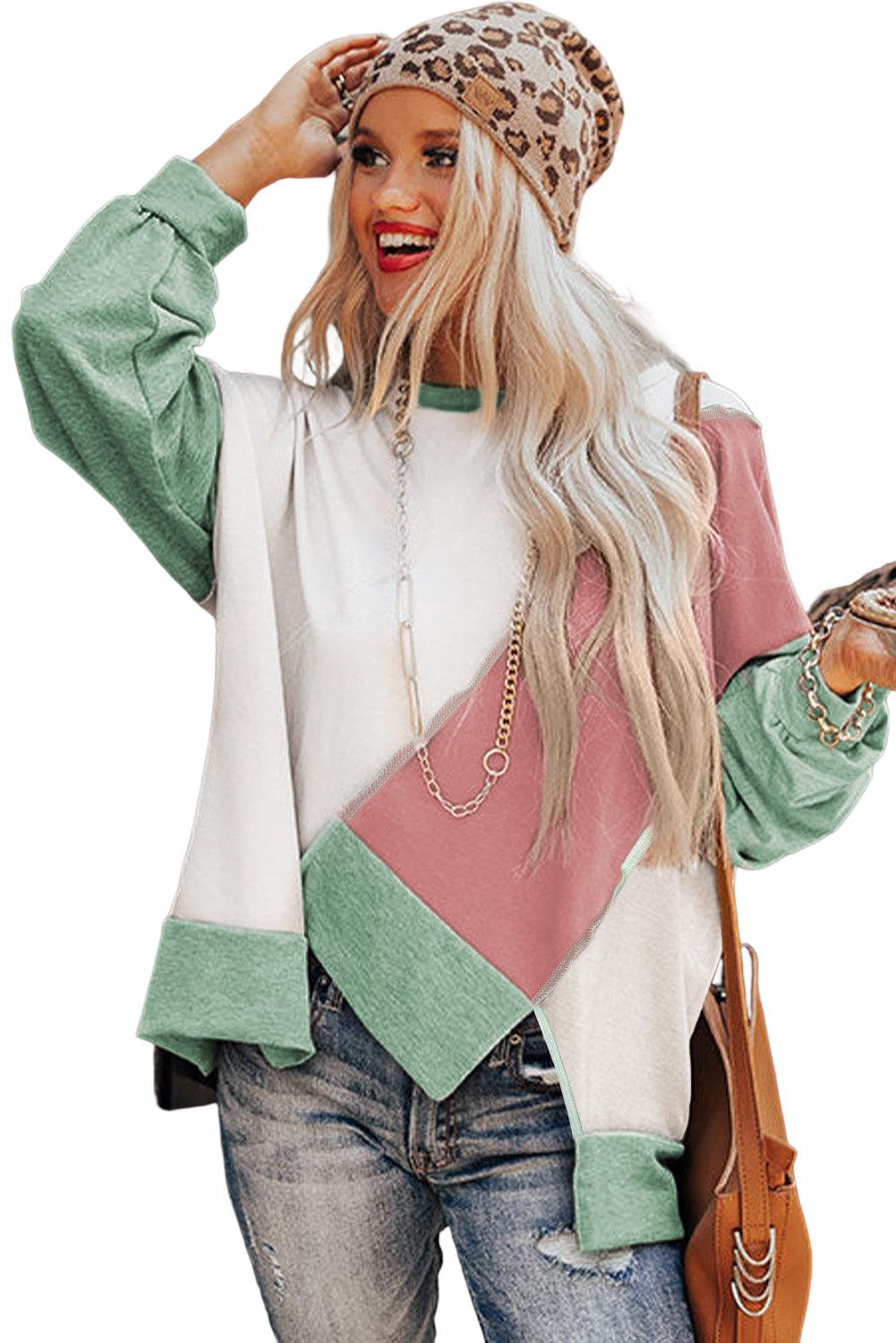 Pink Colorblock Stitching Irregular Hem Long Sleeve Top - The Fair Lady Shop