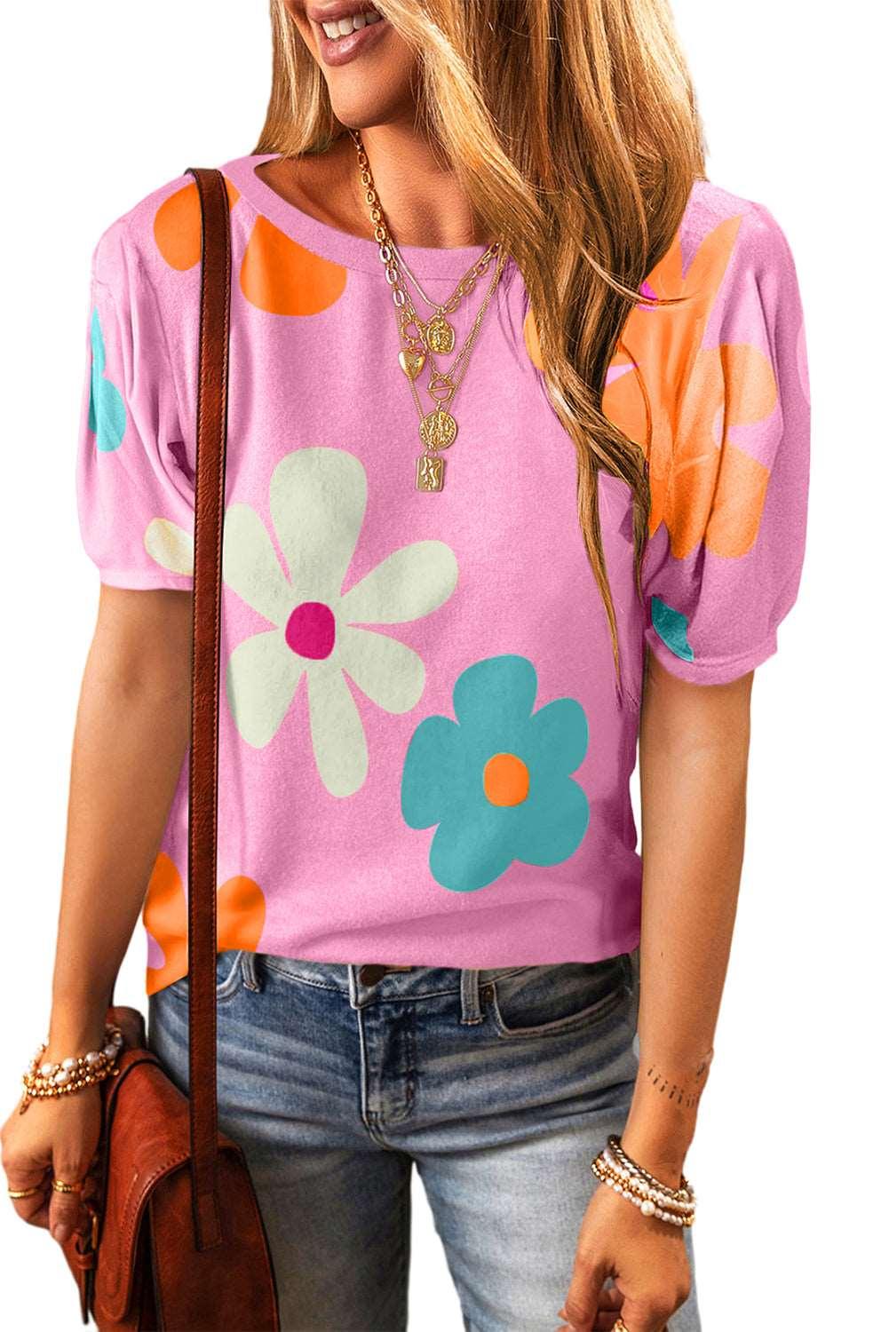 Apricot Colorful Flower Print Bubble Sleeve Tee - The Fair Lady Shop